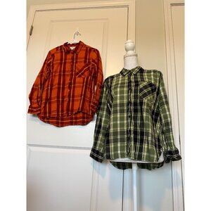 Set Of 2 Time & Tru Plaid Button-Down Shirts Orange & Green M